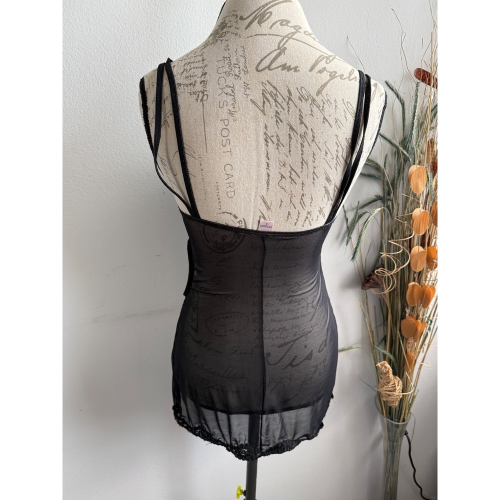 Victorias Secret Black‎ Sheer Mesh Script Print Chemise Side Cut Out Lace Trim S